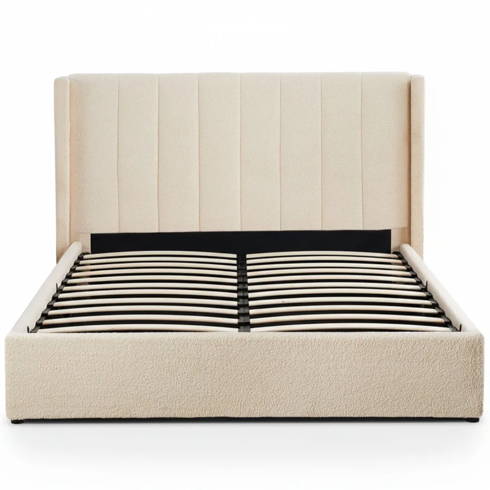 Lit double Magorial avec sommier relevable 180x200cm Tissu Bouclette Crème