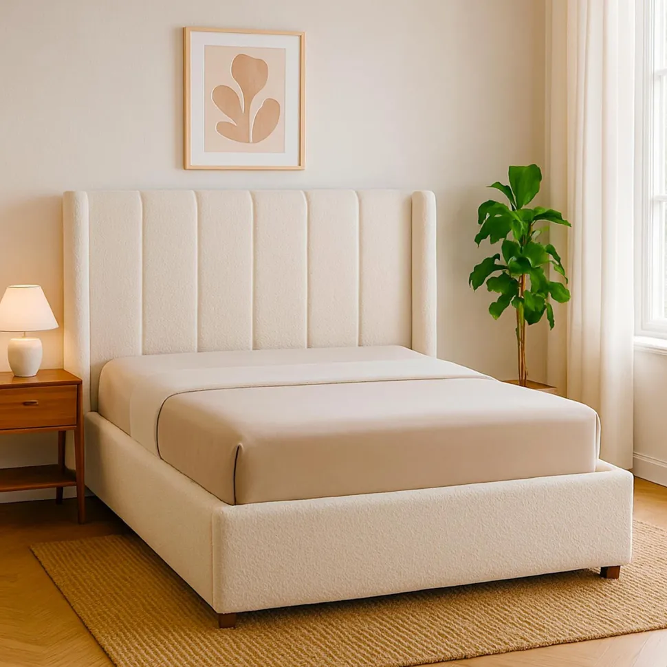 Lit double Magorial avec sommier relevable 140x190cm Tissu bouclette Crème