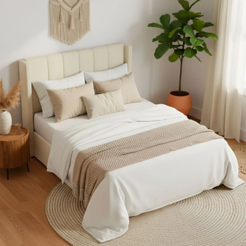 Lit double Magorial avec sommier relevable 140x190cm Tissu bouclette Crème
