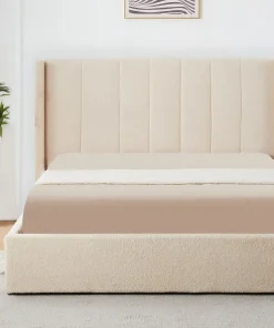 Lit double Magorial avec sommier relevable 160x200cm Tissu Bouclette Crème