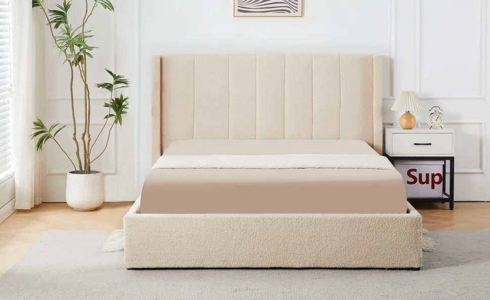 Lit double Magorial avec sommier relevable 160x200cm Tissu Bouclette Crème