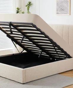 Lit double Magorial avec sommier relevable 160x200cm Tissu Bouclette Crème