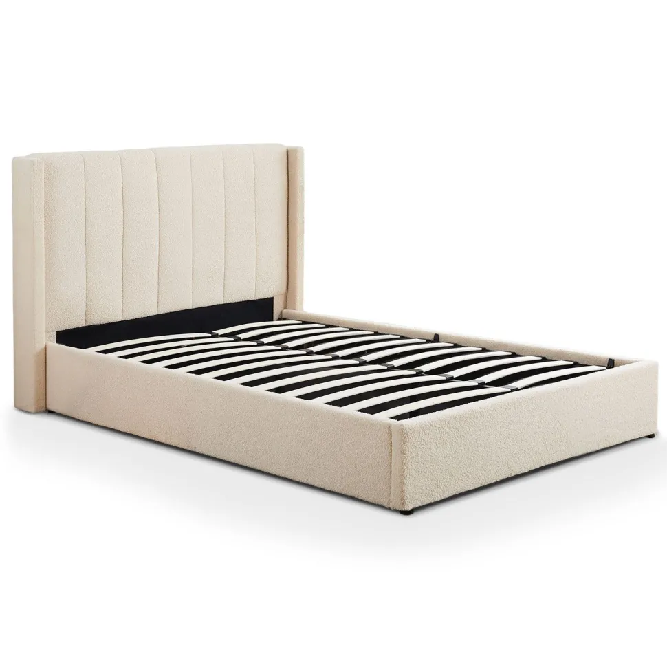 Lit double Magorial avec sommier relevable 160x200cm Tissu Bouclette Crème