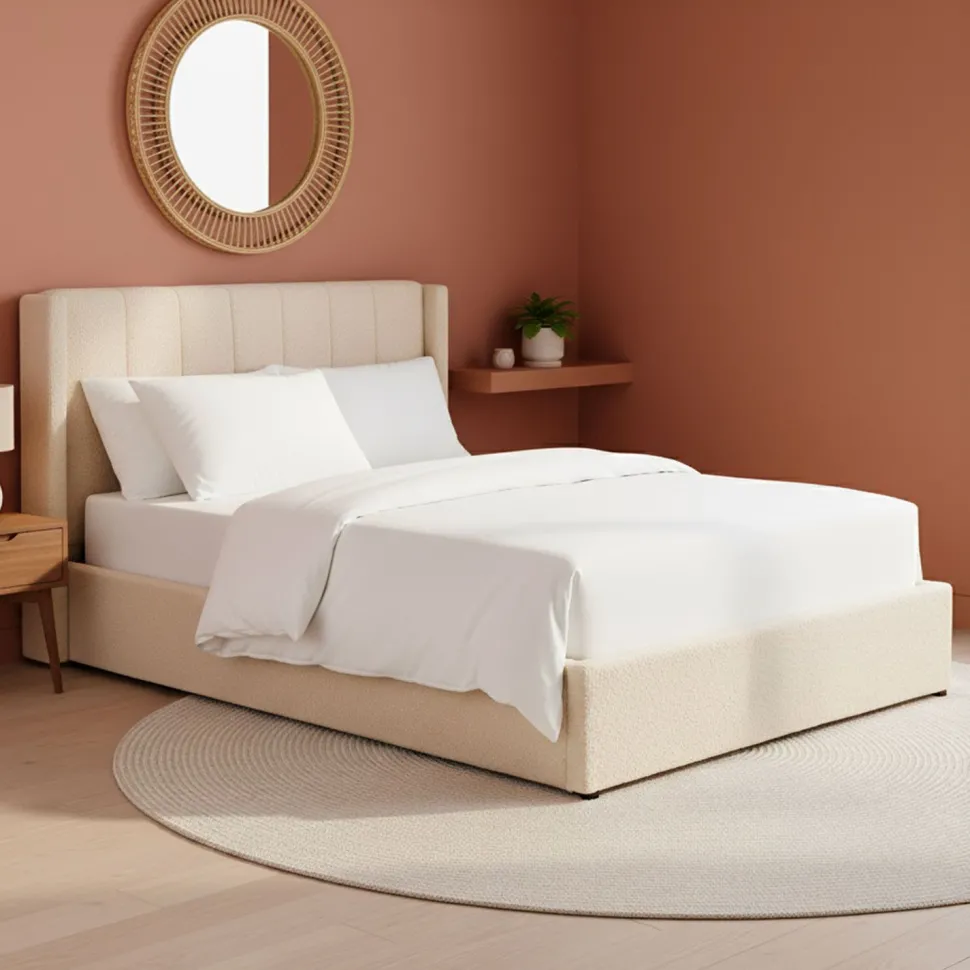 Lit double Magorial avec sommier relevable 160x200cm Tissu Bouclette Crème