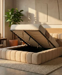 Lit-coffre avec rebords matelassés Challow 180x200cm Tissu Bouclette Beige