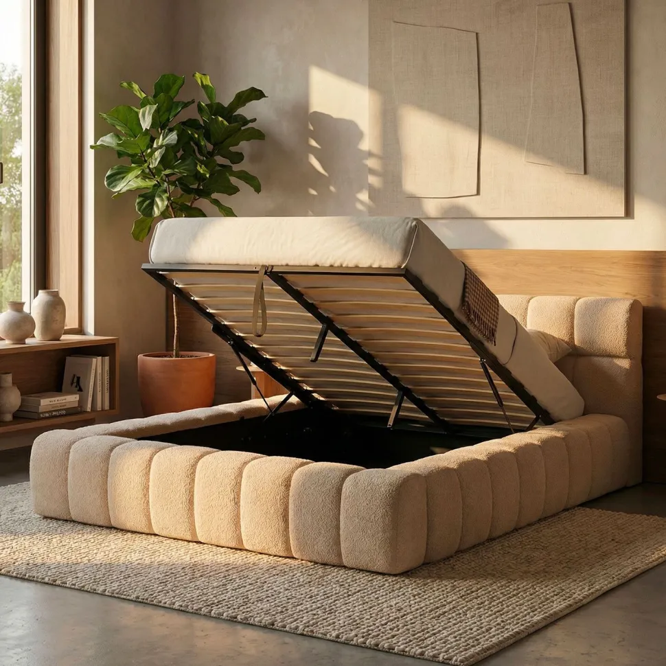 Lit-coffre avec rebords matelassés Challow 180x200cm Tissu Bouclette Beige
