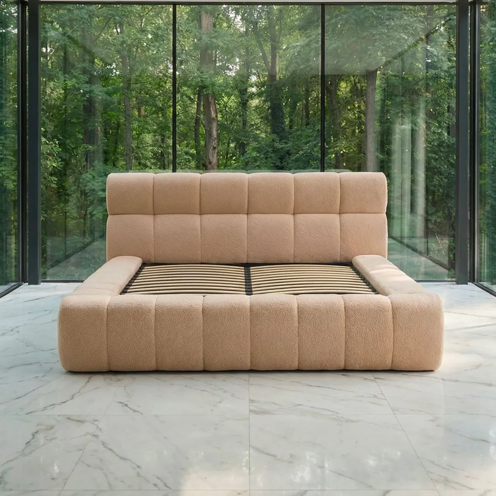 Lit-coffre avec rebords matelassés Challow 180x200cm Tissu Bouclette Beige