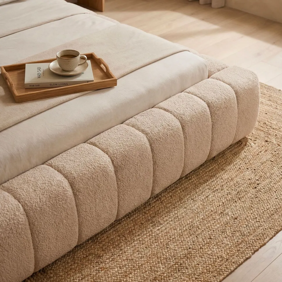 Lit-coffre avec rebords matelassés Challow 160x200cm Tissu Bouclette Beige
