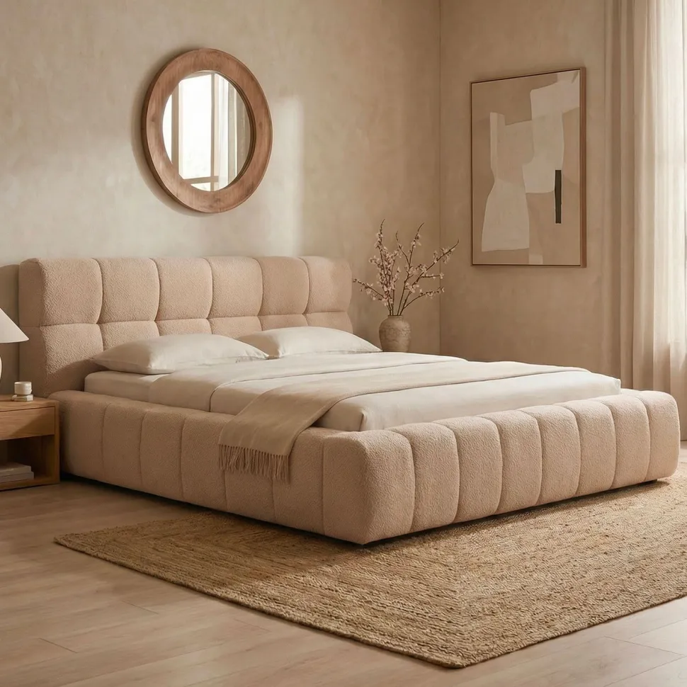 Lit-coffre avec rebords matelassés Challow 160x200cm Tissu Bouclette Beige
