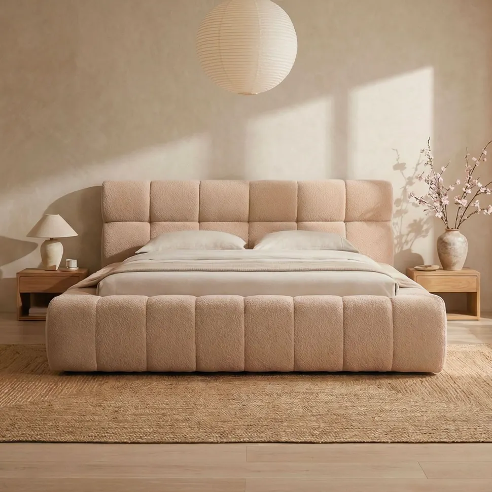 Lit-coffre avec rebords matelassés Challow 160x200cm Tissu Bouclette Beige