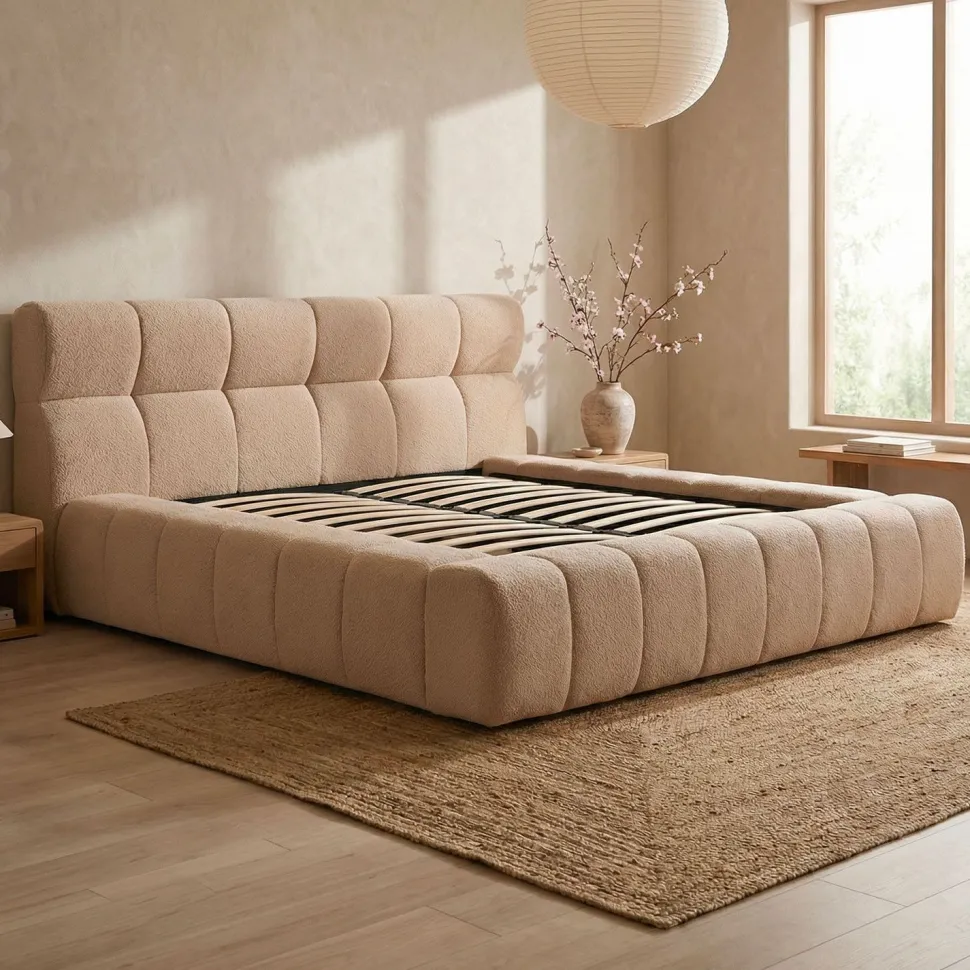 Lit-coffre avec rebords matelassés Challow 160x200cm Tissu Bouclette Beige