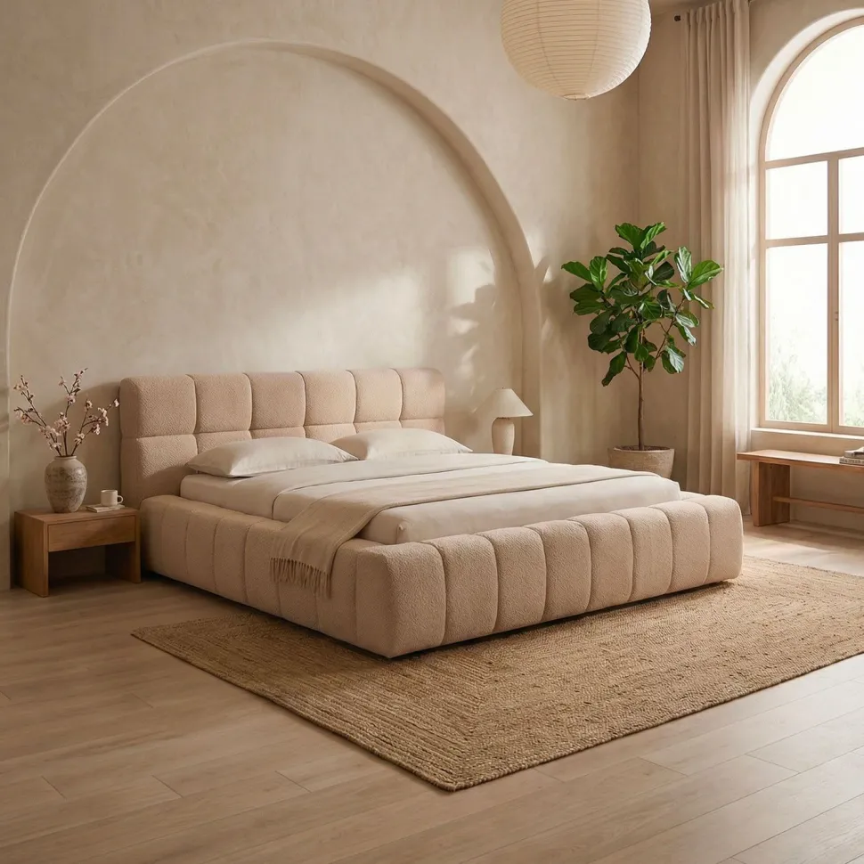 Lit-coffre avec rebords matelassés Challow 160x200cm Tissu Bouclette Beige