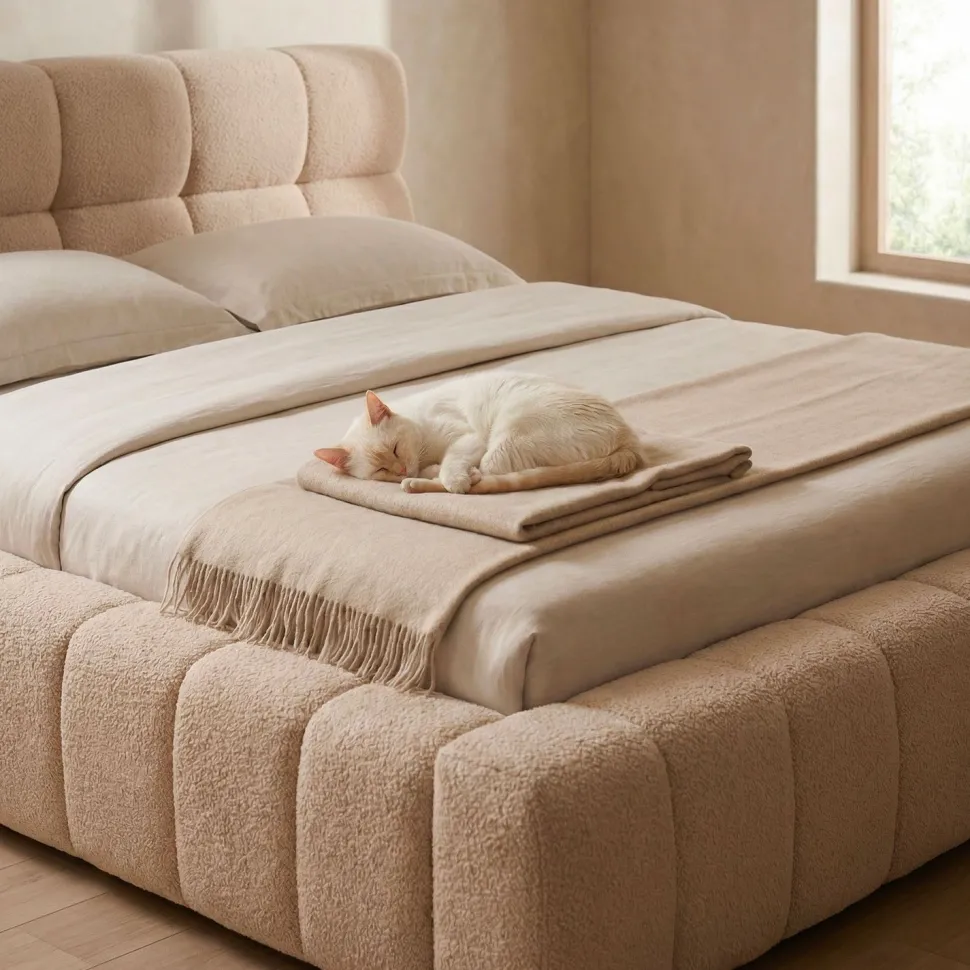 Lit-coffre avec rebords matelassés Challow 160x200cm Tissu Bouclette Beige