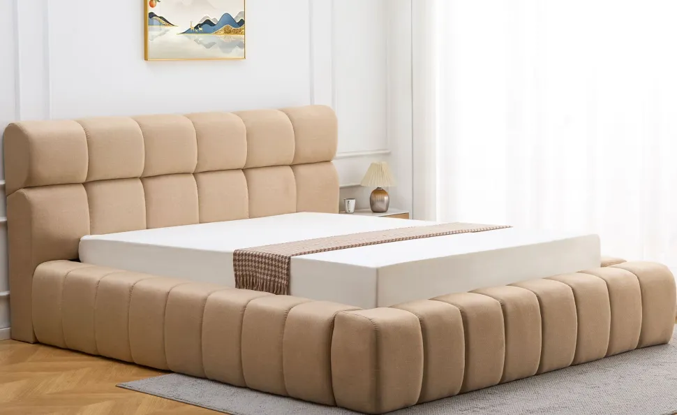 Lit-coffre avec rebords matelassés Challow 180x200cm Tissu Beige