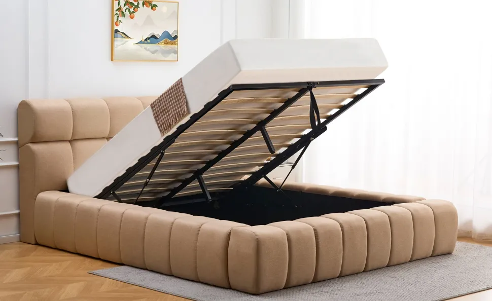 Lit-coffre avec rebords matelassés Challow 180x200cm Tissu Beige