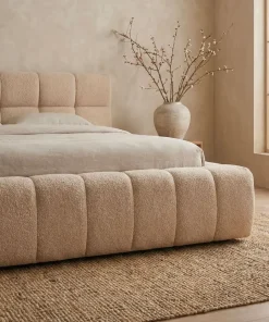 Lit-coffre avec rebords matelassés Challow 140x190cm Tissu Bouclette Beige