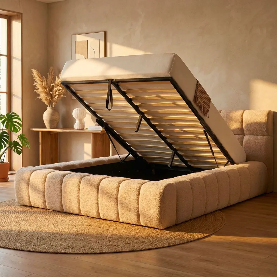 Lit-coffre avec rebords matelassés Challow 140x190cm Tissu Bouclette Beige