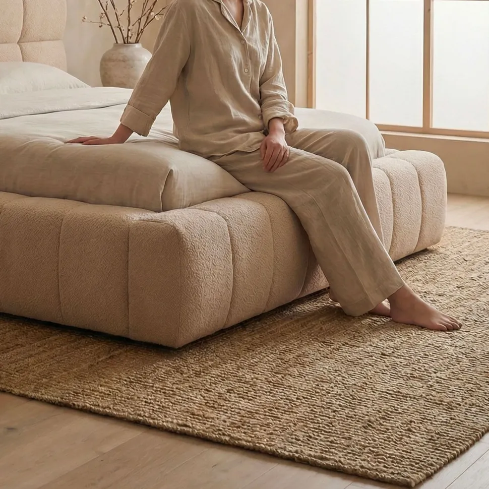 Lit-coffre avec rebords matelassés Challow 140x190cm Tissu Bouclette Beige