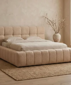 Lit-coffre avec rebords matelassés Challow 140x190cm Tissu Bouclette Beige