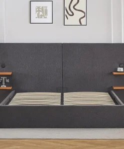 Lit-coffre complet avec tablettes et ports USB intégrés Lukas 140x190cm Tissu Gris