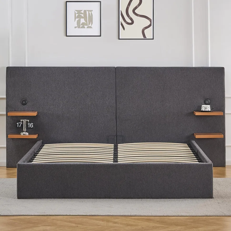 Lit-coffre complet avec tablettes et ports USB intégrés Lukas 140x190cm Tissu Gris