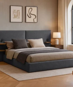 Lit-coffre complet avec tablettes et ports USB intégrés Lukas 140x190cm Tissu Gris