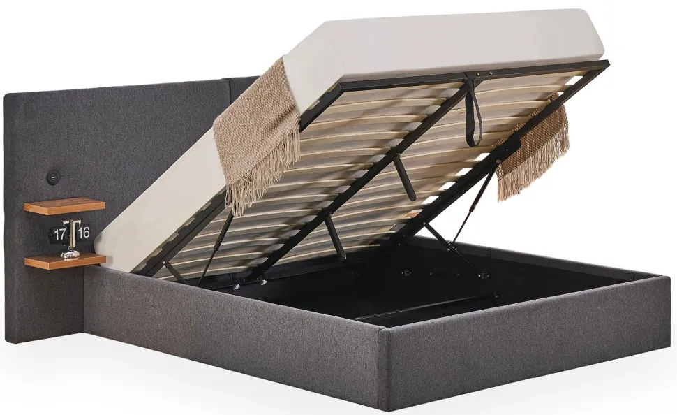 Lit-coffre complet avec tablettes et ports USB intégrés Lukas 140x190cm Tissu Gris
