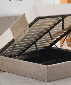 Lit-coffre complet avec tablettes et ports USB intégrés Lukas 160x200cm Tissu Taupe clair
