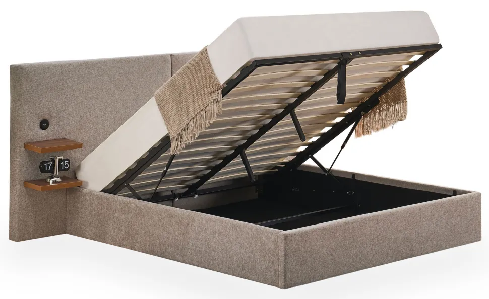 Lit-coffre complet avec tablettes et ports USB intégrés Lukas 160x200cm Tissu Taupe clair