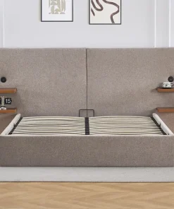 Lit-coffre complet avec tablettes et ports USB intégrés Lukas 160x200cm Tissu Taupe clair