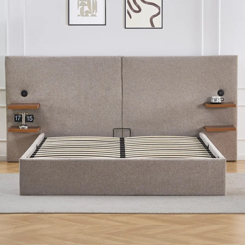Lit-coffre complet avec tablettes et ports USB intégrés Lukas 160x200cm Tissu Taupe clair