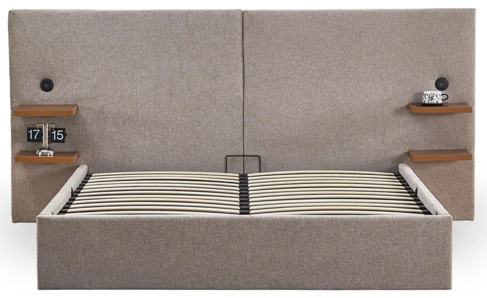 Lit-coffre complet avec tablettes et ports USB intégrés Lukas 160x200cm Tissu Taupe clair