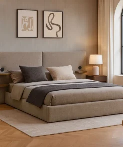 Lit-coffre complet avec tablettes et ports USB intégrés Lukas 180x200cm Tissu Taupe clair