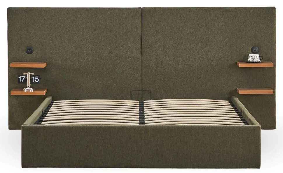 Lit-coffre complet avec tablettes et ports USB intégrés Lukas 160x200cm Tissu Vert