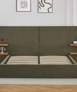 Lit-coffre complet avec tablettes et ports USB intégrés Lukas 160x200cm Tissu Vert
