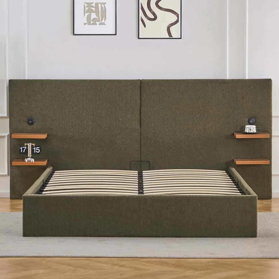 Lit-coffre complet avec tablettes et ports USB intégrés Lukas 160x200cm Tissu Vert