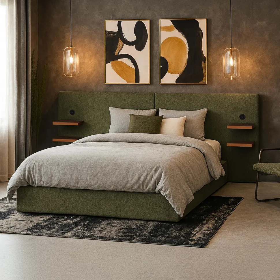 Lit-coffre complet avec tablettes et ports USB intégrés Lukas 160x200cm Tissu Vert