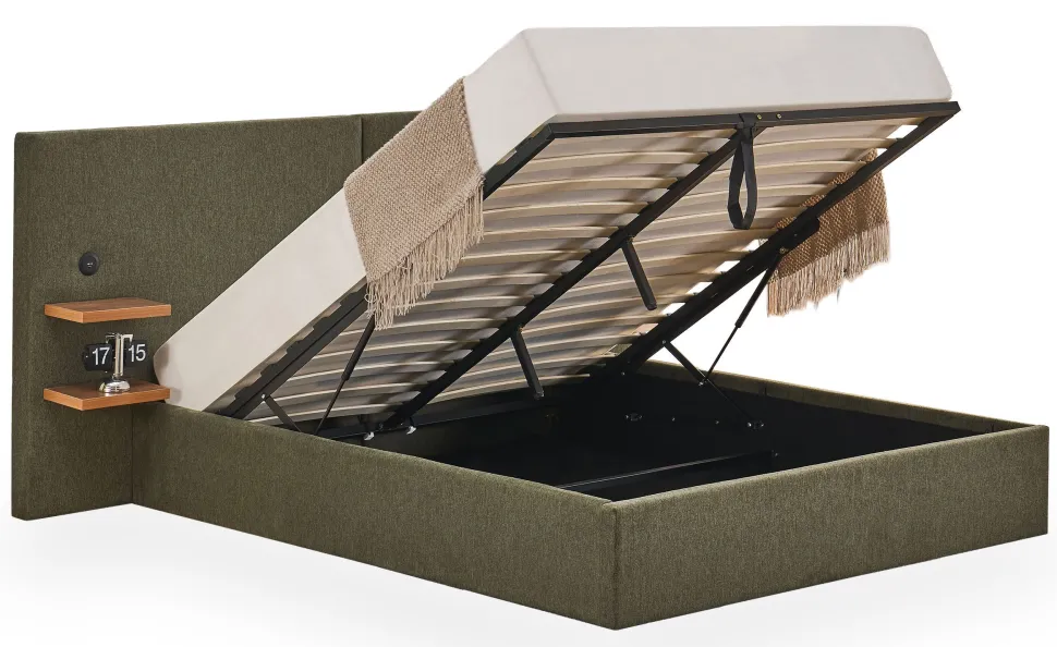 Lit-coffre complet avec tablettes et ports USB intégrés Lukas 160x200cm Tissu Vert
