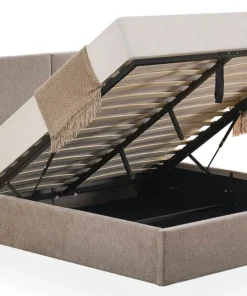 Lit-coffre complet avec tablettes et ports USB intégrés Lukas 140x190cm Tissu Taupe clair