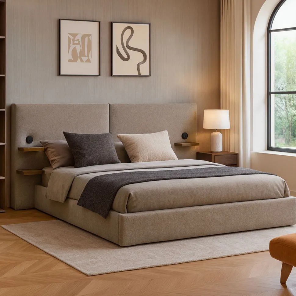 Lit-coffre complet avec tablettes et ports USB intégrés Lukas 140x190cm Tissu Taupe clair