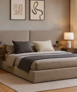 Lit-coffre complet avec tablettes et ports USB intégrés Lukas 140x190cm Tissu Taupe clair