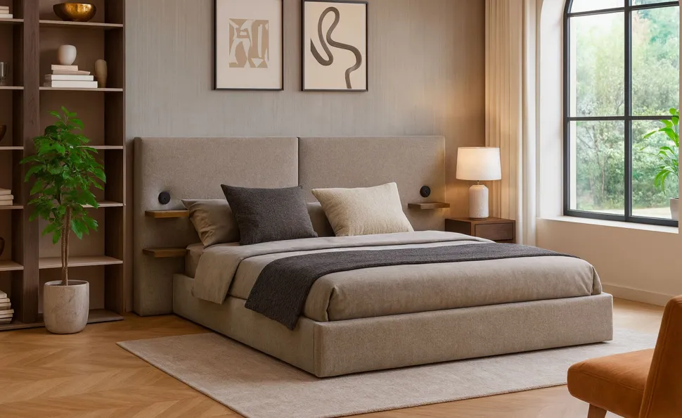Lit-coffre complet avec tablettes et ports USB intégrés Lukas 140x190cm Tissu Taupe clair