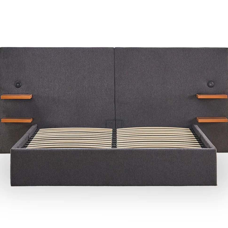 Lit-coffre complet avec tablettes et ports USB intégrés Lukas 160x200cm Tissu Gris