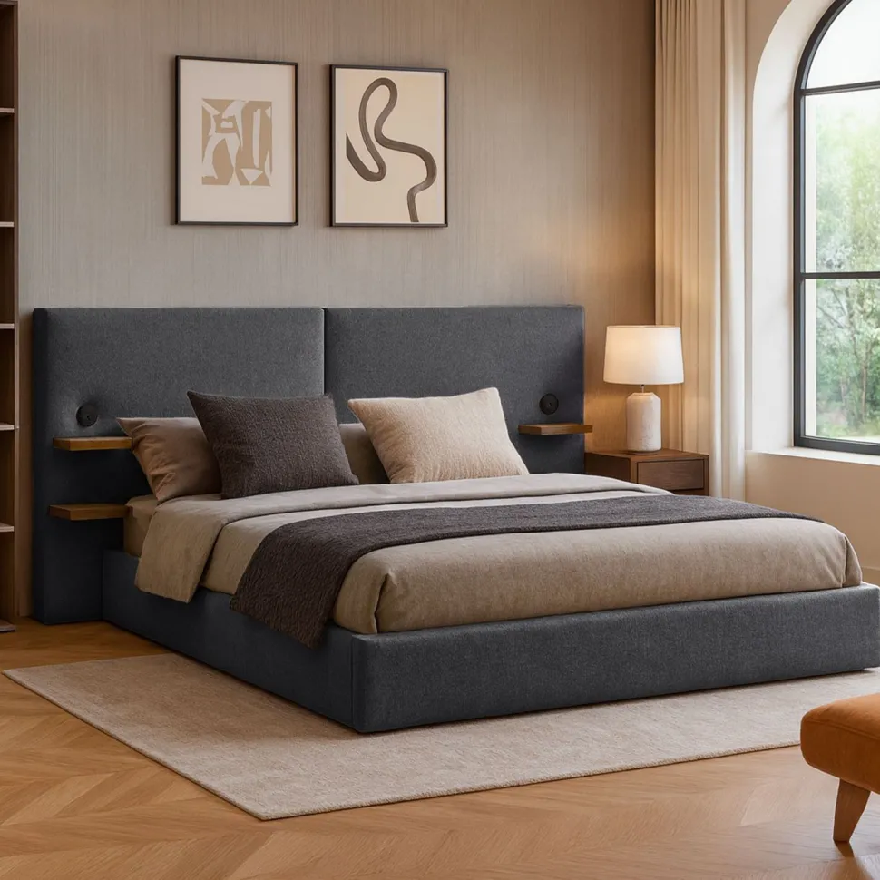 Lit-coffre complet avec tablettes et ports USB intégrés Lukas 160x200cm Tissu Gris
