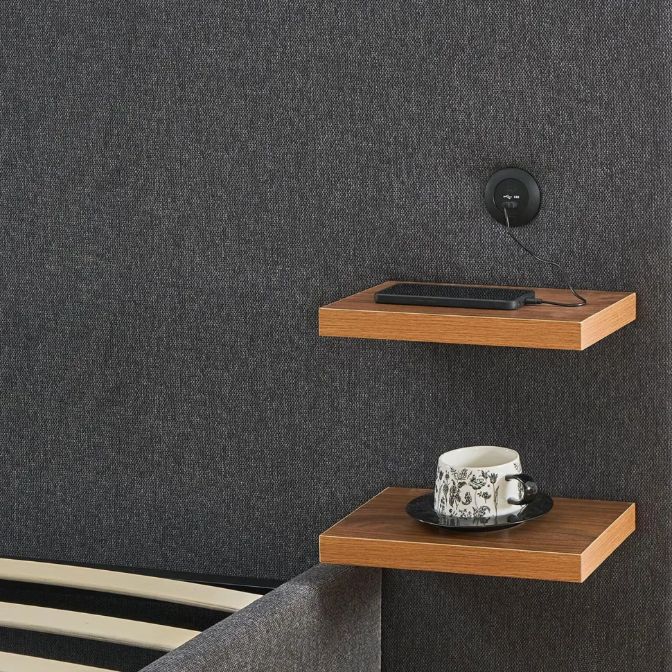 Lit-coffre complet avec tablettes et ports USB intégrés Lukas 160x200cm Tissu Gris