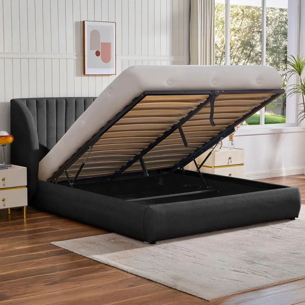 Lit-coffre complet avec tête de lit modulable Cocon 160x200cm Tissu Gris foncé