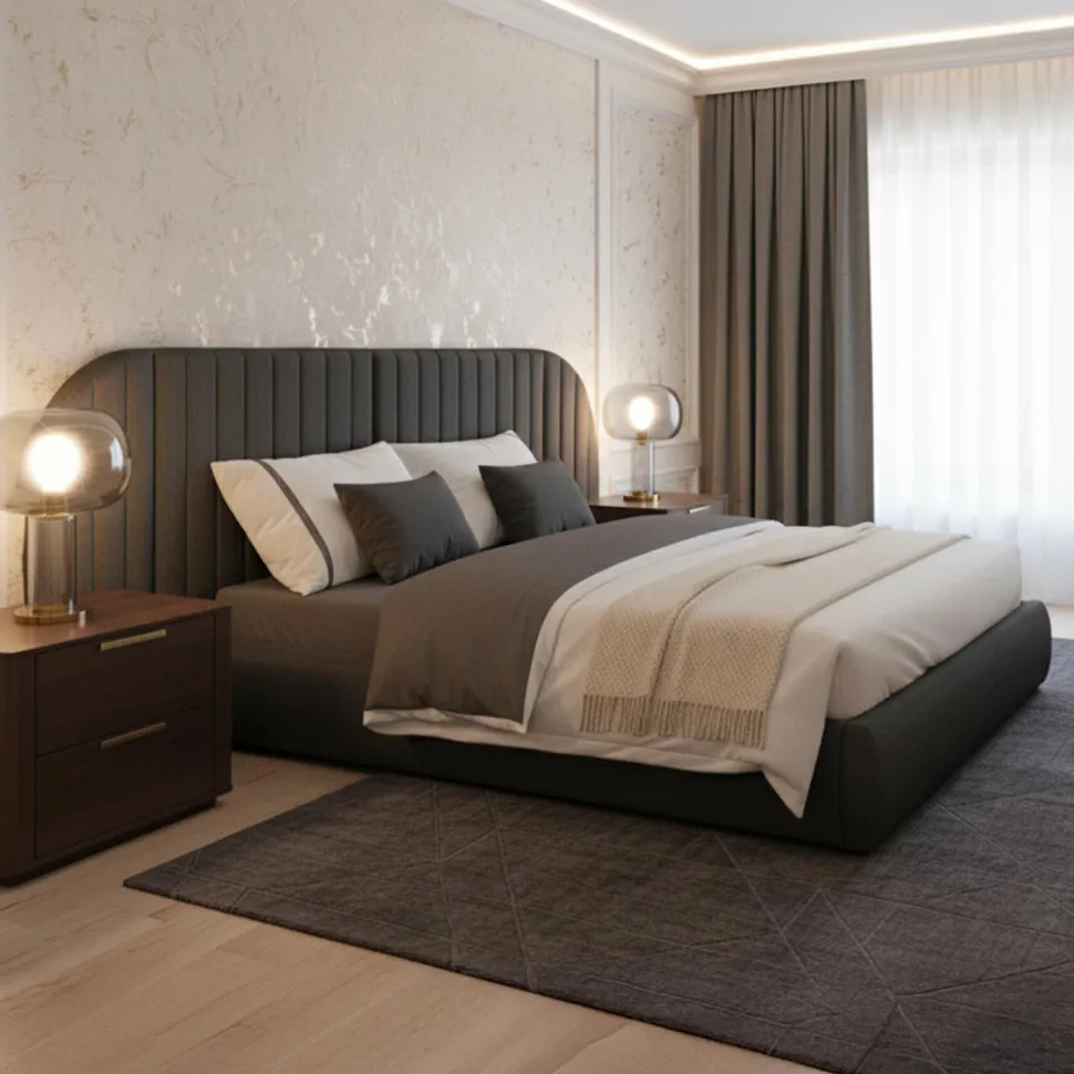 Lit-coffre complet avec tête de lit modulable Cocon 160x200cm Tissu Gris foncé