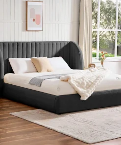 Lit-coffre complet avec tête de lit modulable Cocon 160x200cm Tissu Gris foncé