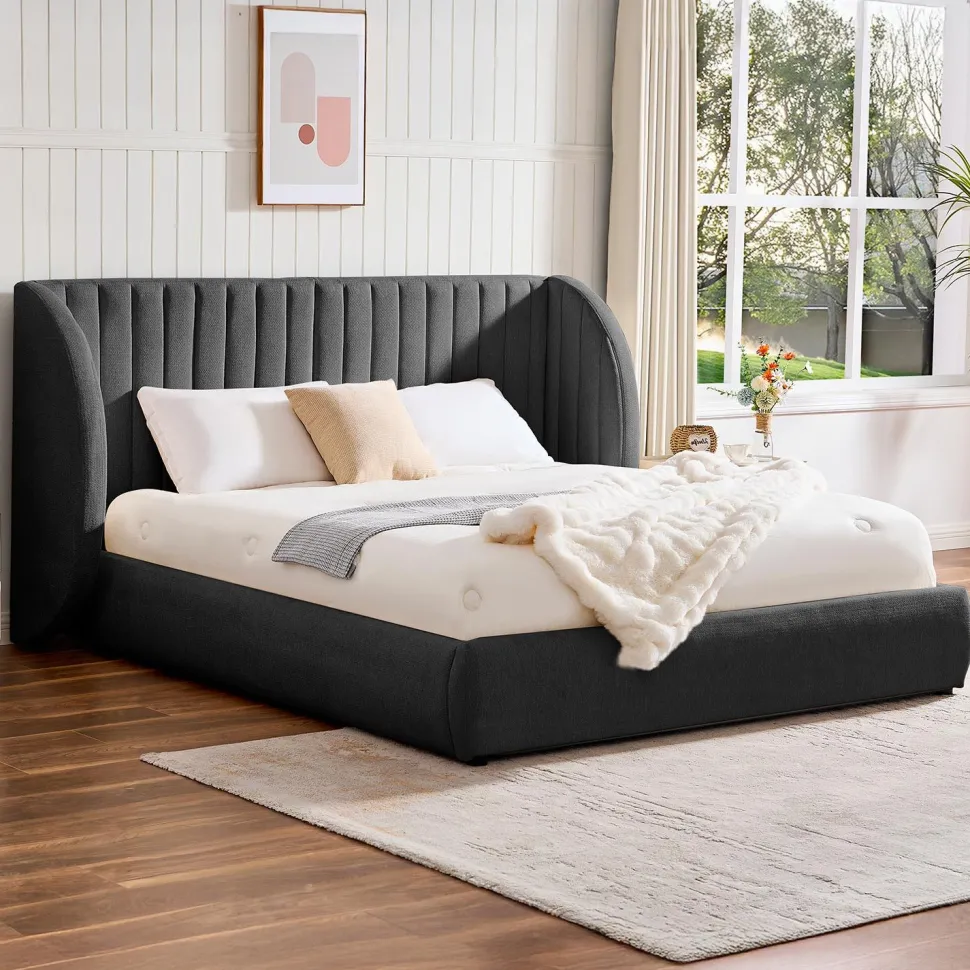 Lit-coffre complet avec tête de lit modulable Cocon 160x200cm Tissu Gris foncé