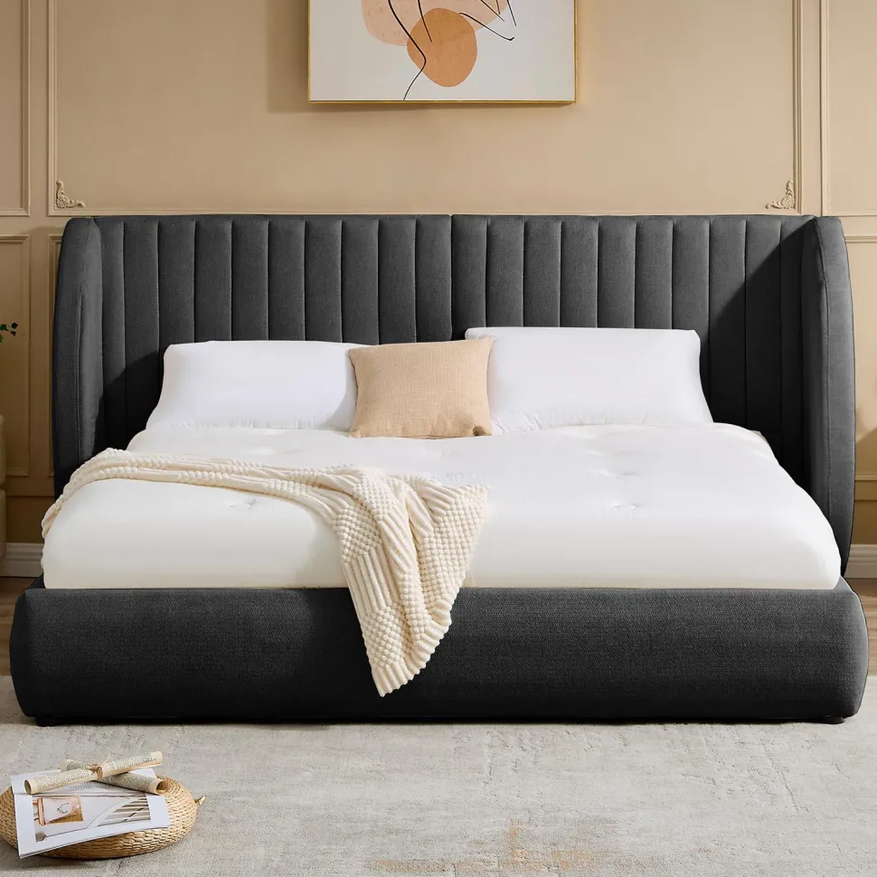 Lit-coffre complet avec tête de lit modulable Cocon 180x200cm Tissu Gris foncé
